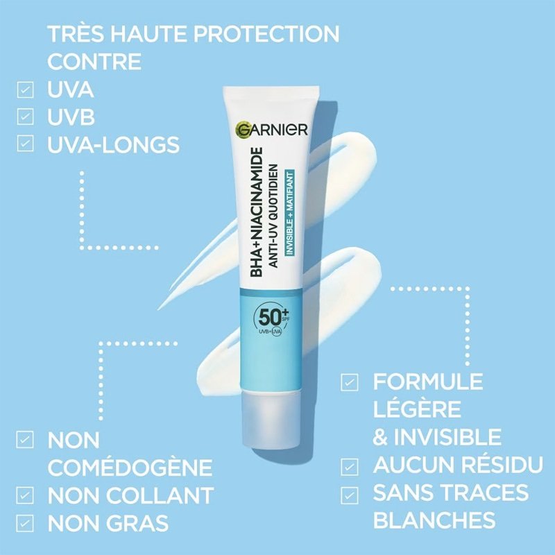 GARNIER BHA+Niacinamide Fluide Anti-UV Anti-Imperfections Quotidien Invisible Matifiant SPF50+ – Image 2